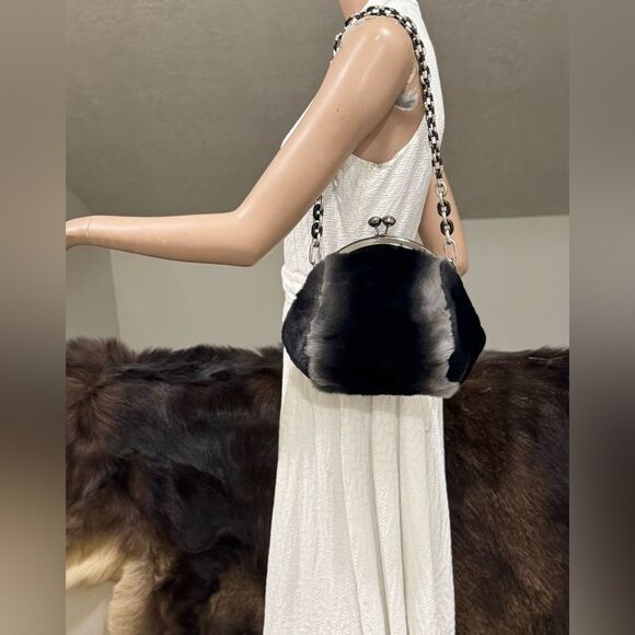 Black Gradient Handmade Real Rex Rabbit Fur Kiss-lock Shoulder Bag/Crossbody - Picture 2 of 14